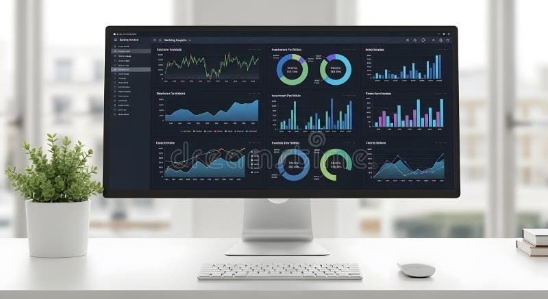 Monitor z dashboardem analitycznym pełnym wykresów i wskaźników