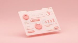 Różowy dashboard biznesowy z wykresami i wskaźnikami danych